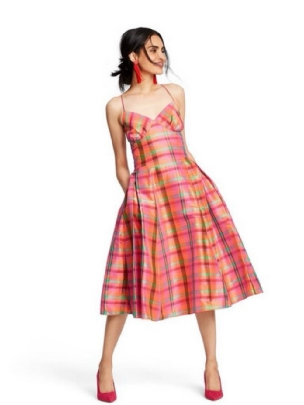 Isaac Mizhara Brightly Colored Plaid Spaghetti-Strap Maxi Dress -